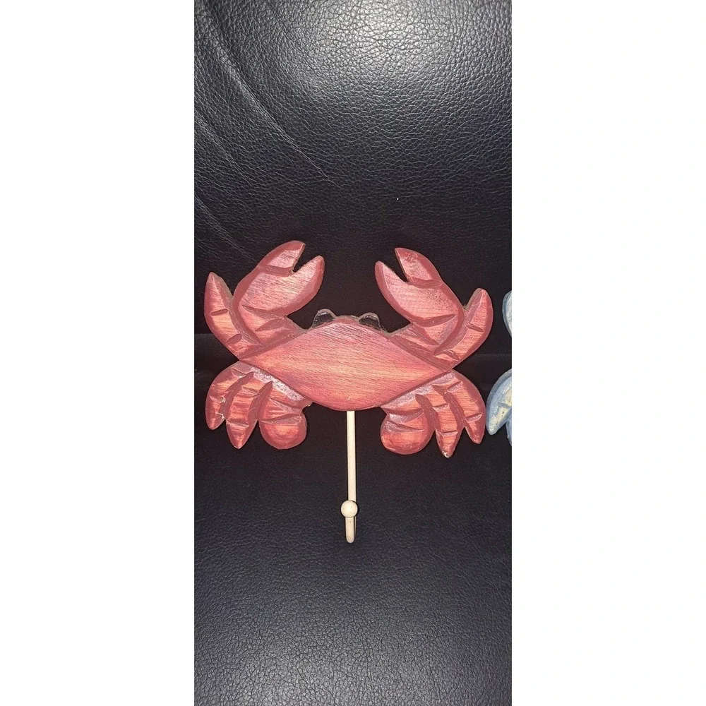 Red Steamed Crab & Blue Wooden Crab Wall Hooks Set of 2